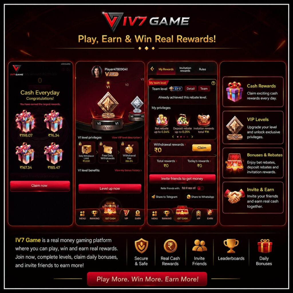 IV7 Game mobile app dashboard with gaming options and bonus rewards.